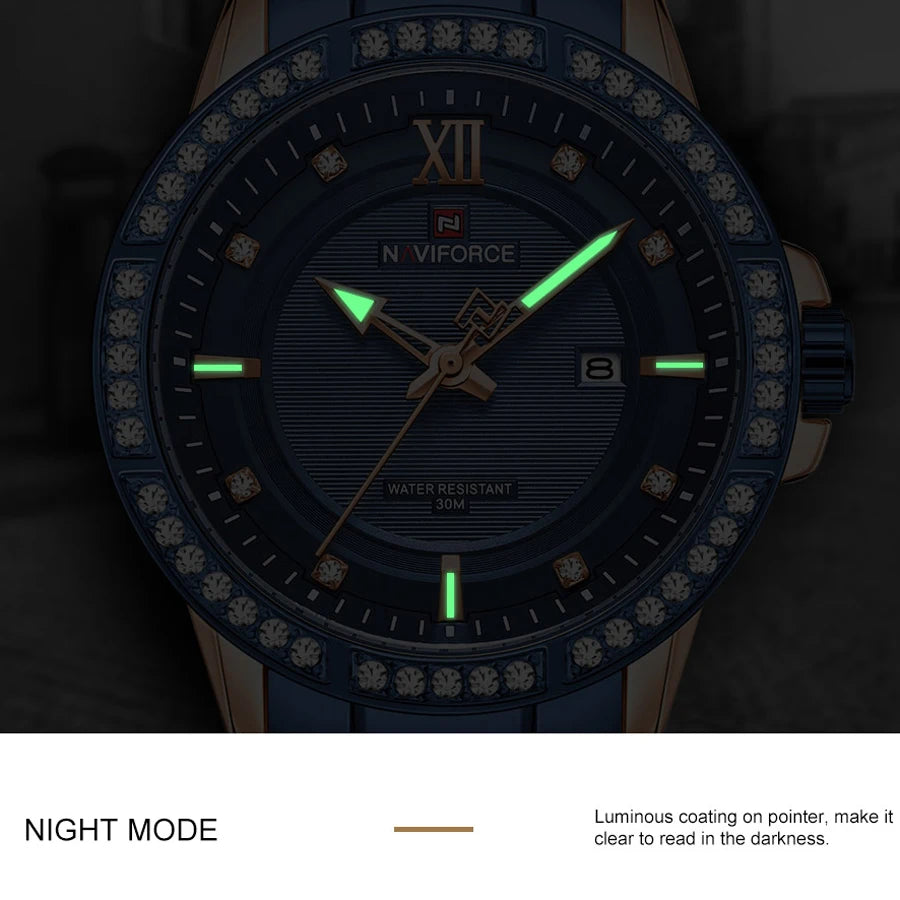 NAVIFORCE 9187 Men Watch Luxury Business Watches Top Brand Mens Rose Gold Blue Casual Wristwatch with Date and Rhinestone Blue