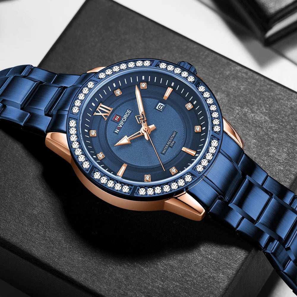 NAVIFORCE 9187 Men Watch Luxury Business Watches Top Brand Mens Rose Gold Blue Casual Wristwatch with Date and Rhinestone Blue