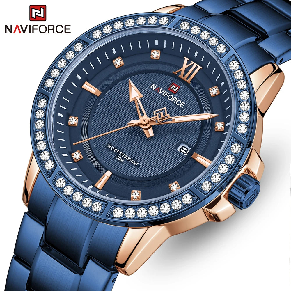 NAVIFORCE 9187 Men Watch Luxury Business Watches Top Brand Mens Rose Gold Blue Casual Wristwatch with Date and Rhinestone Blue