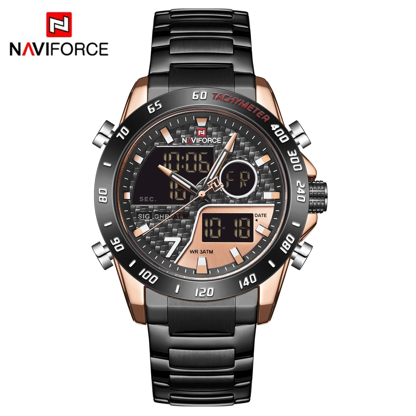 NAVIFORCE Men Digital Watch LED Sport Military Luminous Hands Waterproof Quartz Wrist watch NF9171 | Gray & Golden