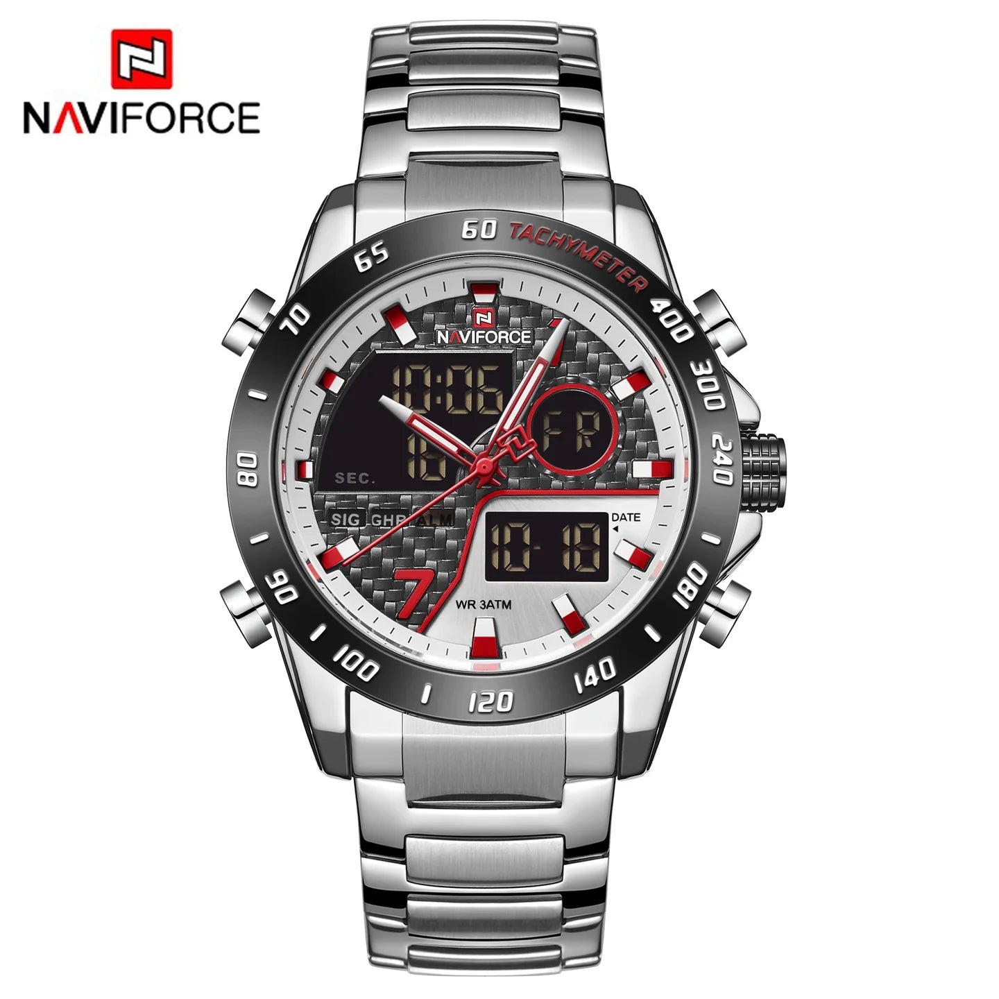 NAVIFORCE Men Digital Watch LED Sport Military Luminous Hands Waterproof Quartz Wrist watch NF9171 | Silver