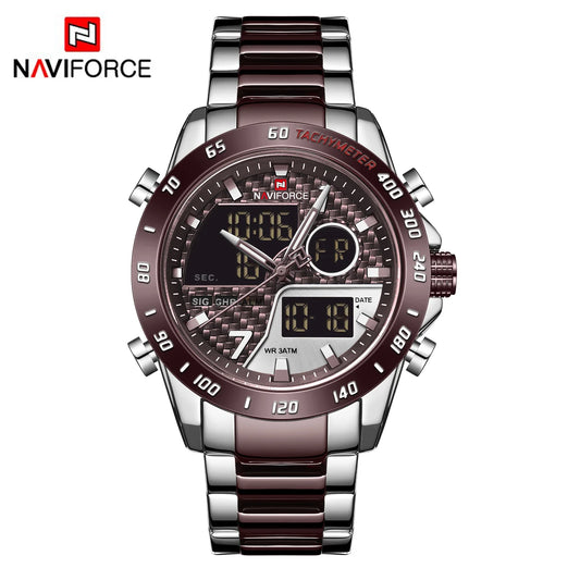 NAVIFORCE Men Digital Watch LED Sport Military Luminous Hands Waterproof Quartz Wrist watch NF9171 | Maroon & Silver